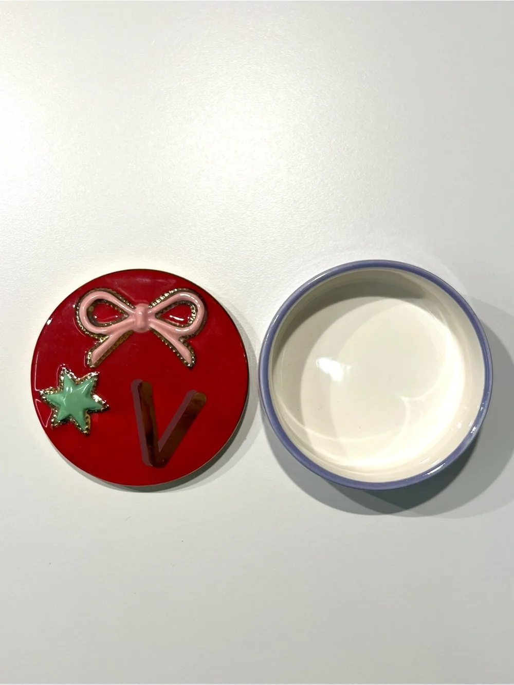 Anthropologie Monogram V Bow Jewelry Trinket Box Ceramic 3”